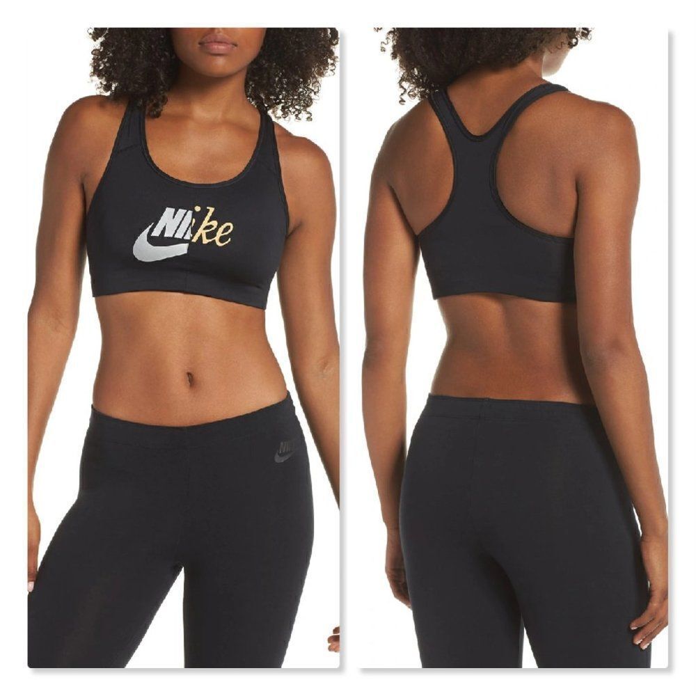 NIKE | Metallic Swoosh Futura Sports Bra - [Large - Black/Gold]